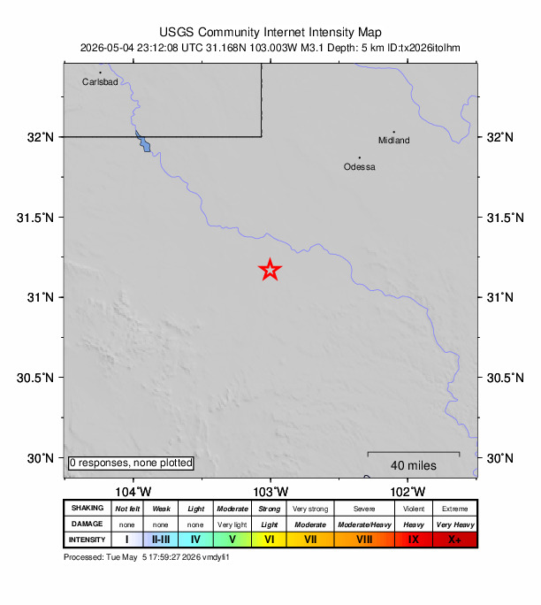 USGS DYFI community-reported intensity map for the M3.1 earthquake near 10 km SE of Coyanosa, Texas