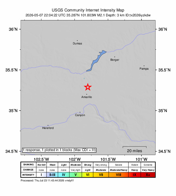 USGS DYFI community-reported intensity map for the M2.1 earthquake near 7 km NNE of Amarillo, Texas