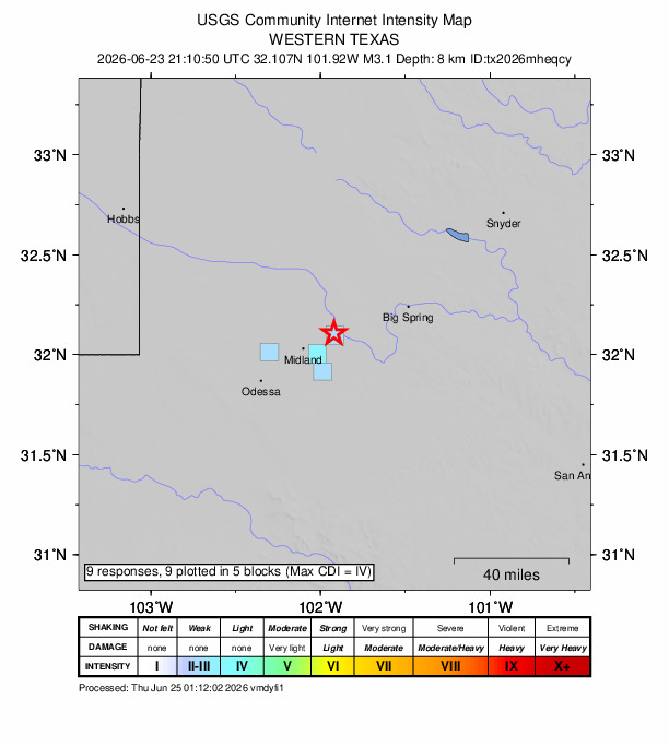 USGS DYFI community-reported intensity map for the M3.1 earthquake near 12 km WSW of Stanton, Texas