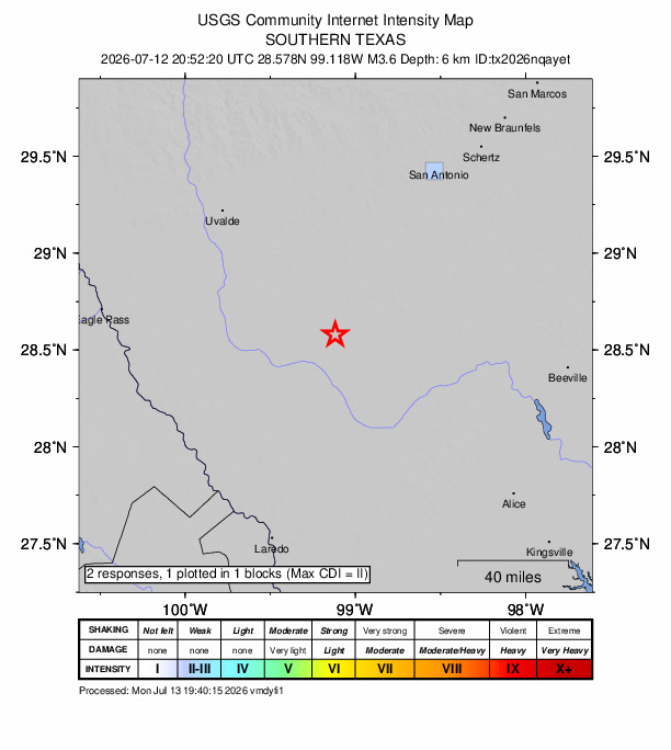 USGS DYFI community-reported intensity map for the M3.6 earthquake near 11 km SSE of Dilley, Texas