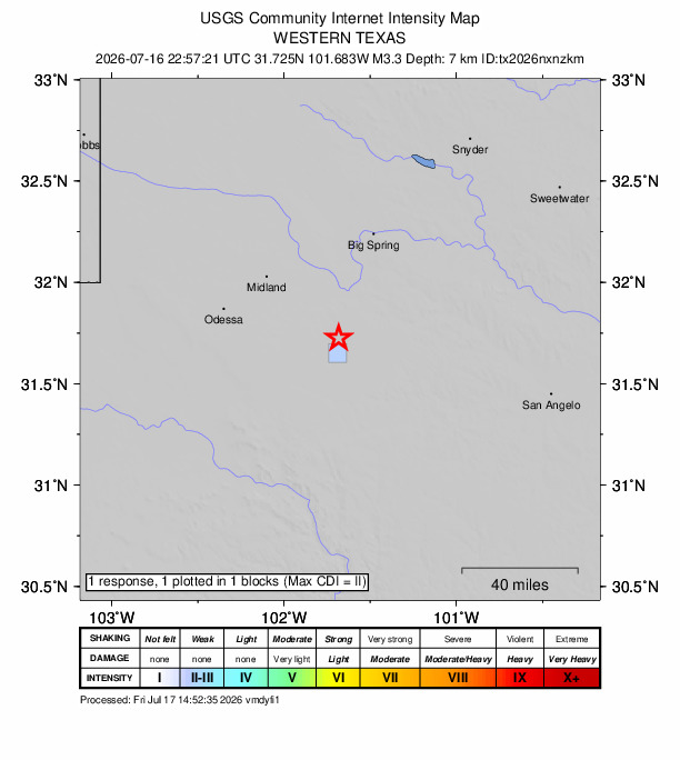 USGS DYFI community-reported intensity map for the M3.3 earthquake near 24 km SW of Garden City, Texas