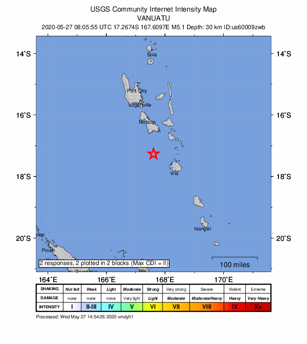 USGS DYFI community-reported intensity map for the M5.0 earthquake near 91 km NW of Port-Vila, Vanuatu