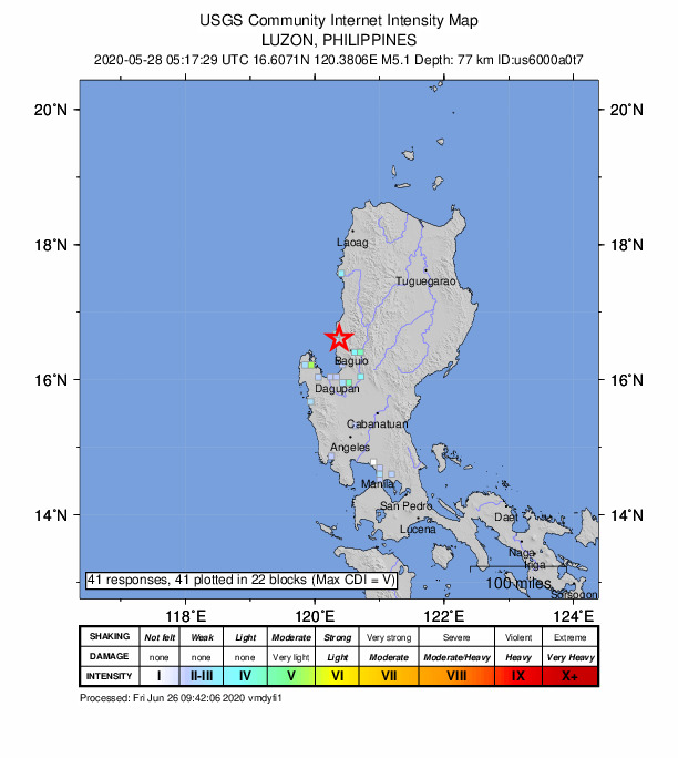 USGS DYFI community-reported intensity map for the M5.1 earthquake near 6 km ESE of San Fernando, Philippines