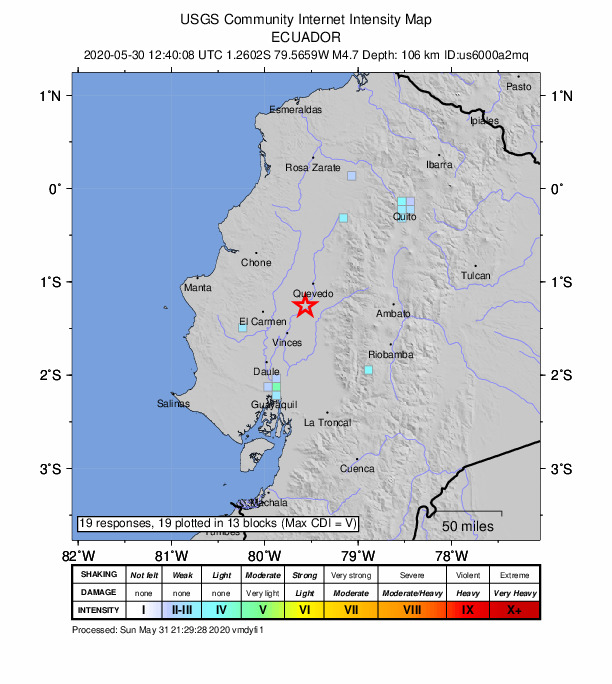 USGS DYFI community-reported intensity map for the M4.7 earthquake near 23 km NNW of Ventanas, Ecuador