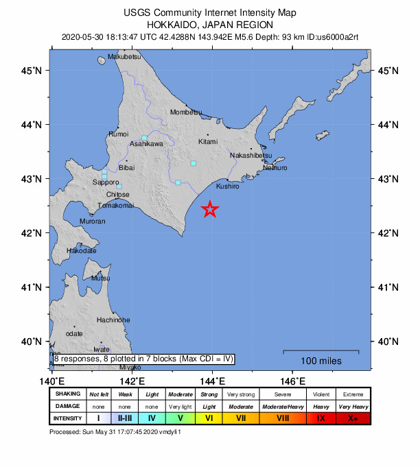 USGS DYFI community-reported intensity map for the M5.6 earthquake near 69 km SE of Obihiro, Japan