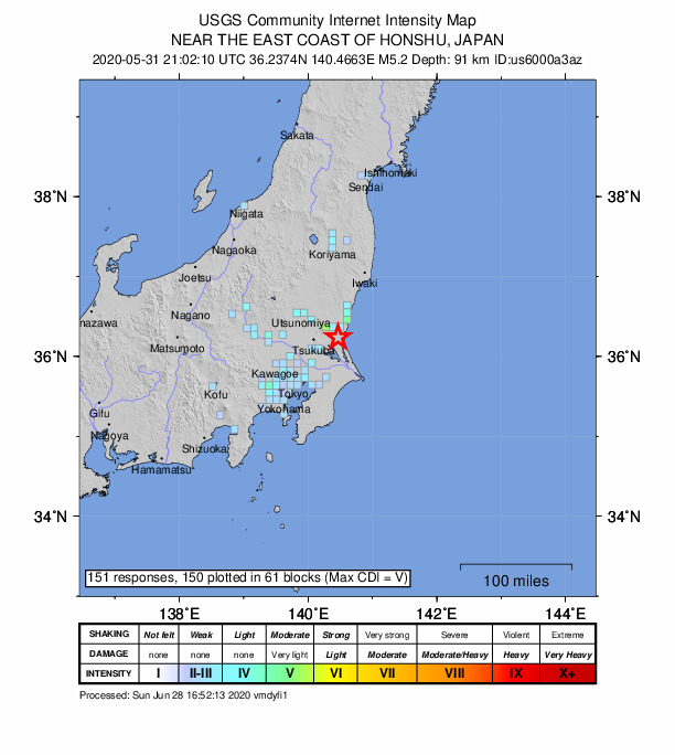 USGS DYFI community-reported intensity map for the M5.2 earthquake near 9 km ENE of Ishioka, Japan