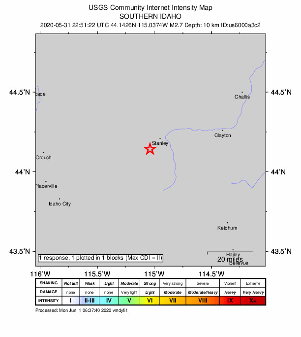 USGS DYFI community-reported intensity map for the M2.7 earthquake near 13 km SW of Stanley, Idaho