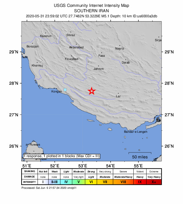 USGS DYFI community-reported intensity map for the M4.9 earthquake near 48 km ENE of Mohr, Iran