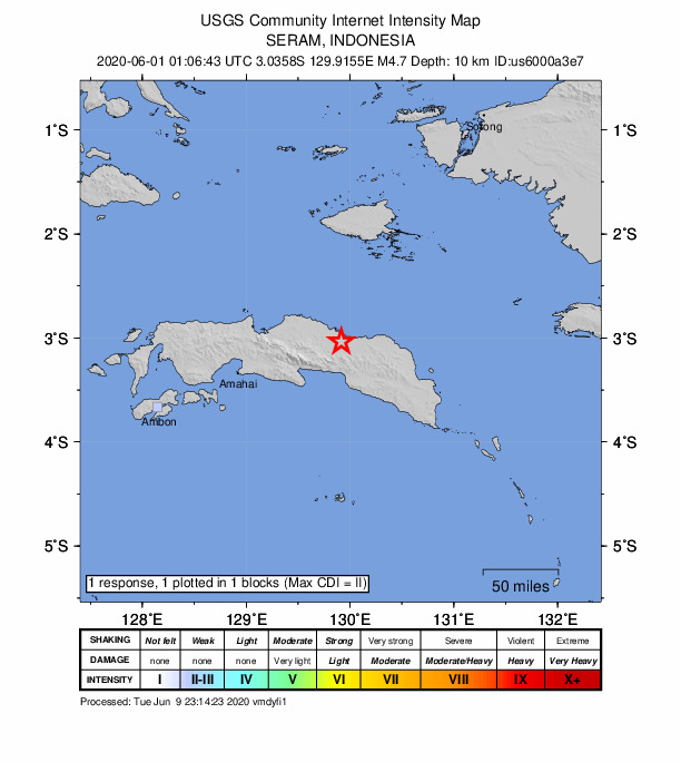 USGS DYFI community-reported intensity map for the M4.7 earthquake near Seram, Indonesia