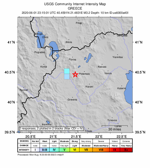 USGS DYFI community-reported intensity map for the M3.2 earthquake near 7 km WSW of Empório, Greece