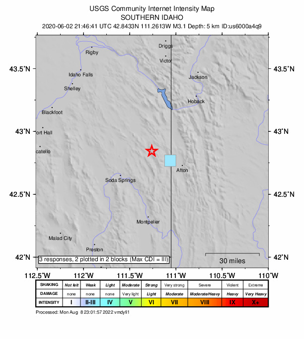 USGS DYFI community-reported intensity map for the M3.1 earthquake near 21 km WNW of Auburn, Wyoming