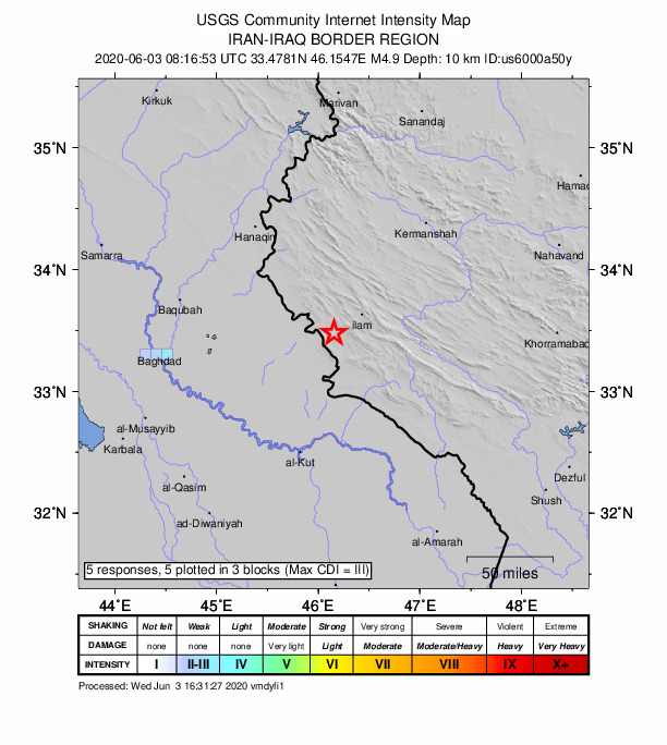 USGS DYFI community-reported intensity map for the M5.0 earthquake near 32 km N of Mehr?n, Iran
