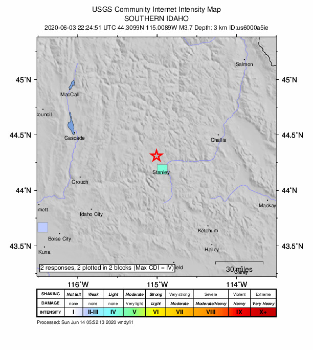 USGS DYFI community-reported intensity map for the M3.7 earthquake near 11 km NNW of Stanley, Idaho