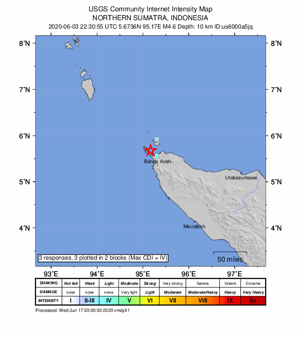 USGS DYFI community-reported intensity map for the M4.6 earthquake near 23 km NW of Banda Aceh, Indonesia