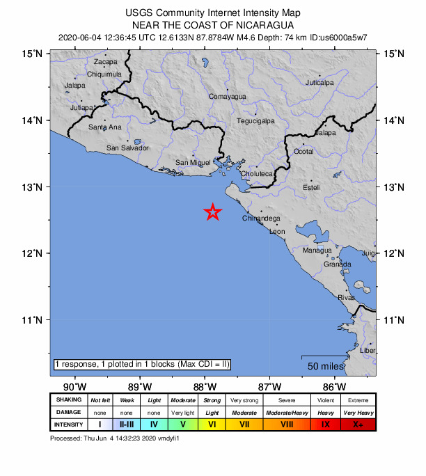 USGS DYFI community-reported intensity map for the M4.5 earthquake near 48 km WSW of Jiquilillo, Nicaragua
