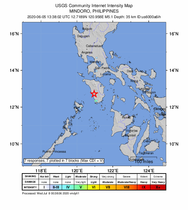 USGS DYFI community-reported intensity map for the M5.3 earthquake near 9 km NE of Banos, Philippines