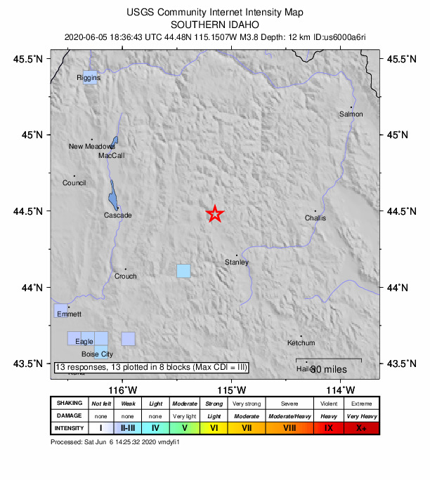 USGS DYFI community-reported intensity map for the M3.8 earthquake near 34 km NNW of Stanley, Idaho