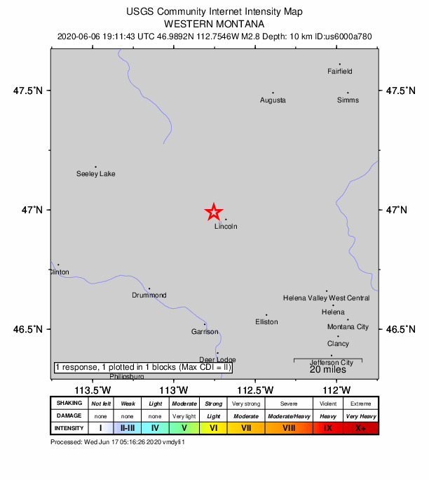 USGS DYFI community-reported intensity map for the M2.8 earthquake near 6 km WNW of Lincoln, Montana