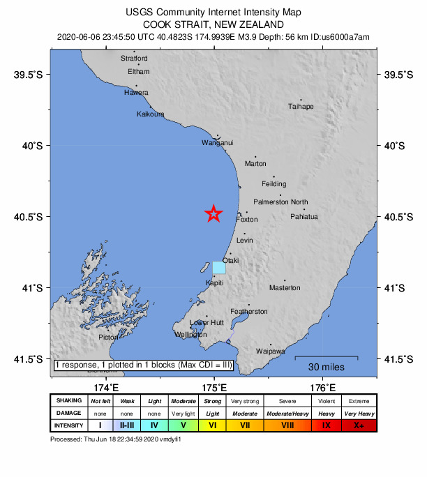 USGS DYFI community-reported intensity map for the M3.9 earthquake near 24 km W of Foxton, New Zealand