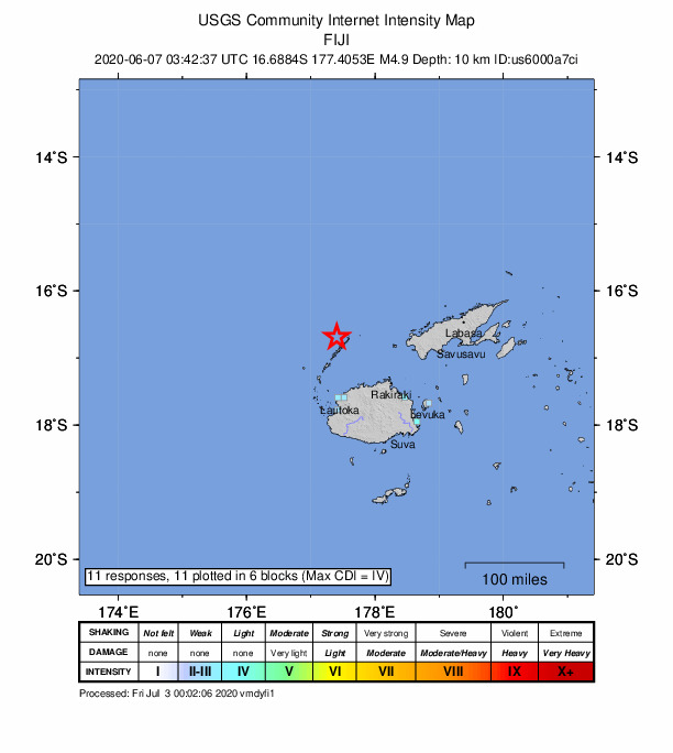 USGS DYFI community-reported intensity map for the M4.9 earthquake near 97 km NNW of Ba, Fiji