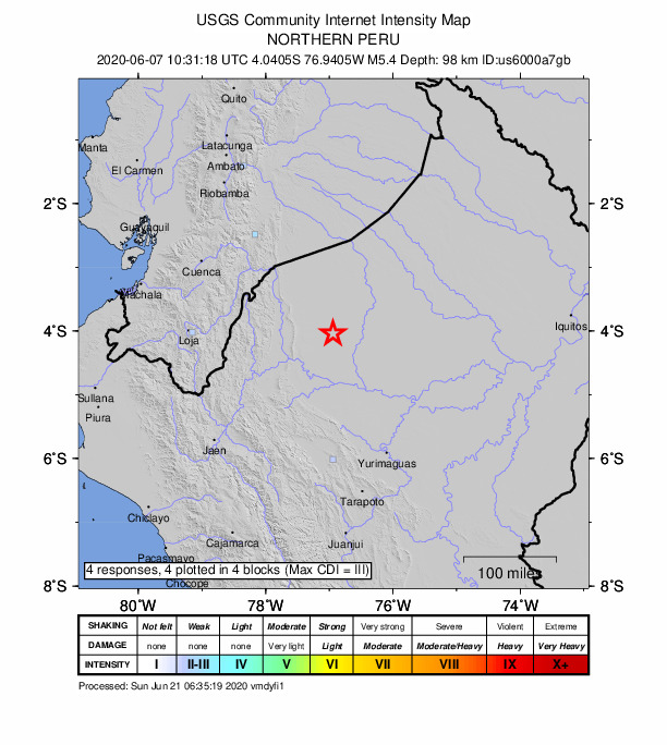 USGS DYFI community-reported intensity map for the M5.4 earthquake near 85 km SW of Alianza Cristiana, Peru