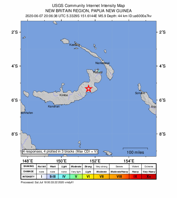 USGS DYFI community-reported intensity map for the M5.9 earthquake near 133 km SW of Kokopo, Papua New Guinea