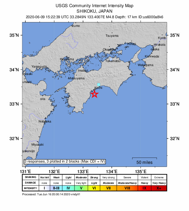 USGS DYFI community-reported intensity map for the M4.8 earthquake near 15 km SE of Susaki, Japan