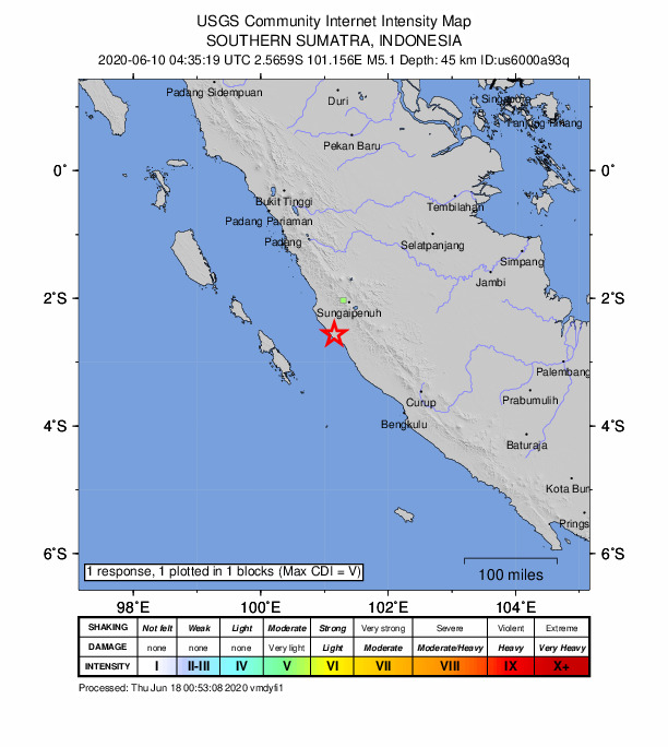 USGS DYFI community-reported intensity map for the M5.1 earthquake near 63 km SSW of Sungai Penuh, Indonesia