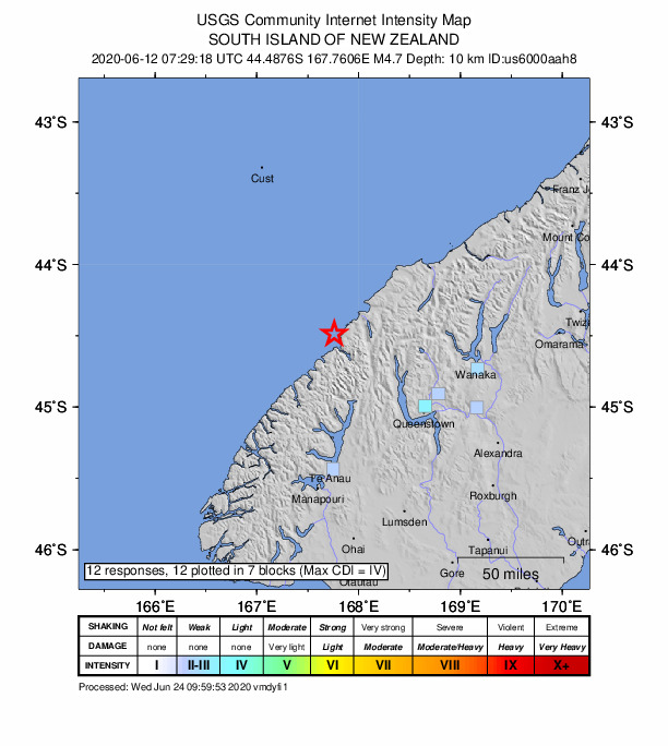 USGS DYFI community-reported intensity map for the M4.7 earthquake near 93 km NW of Queenstown, New Zealand