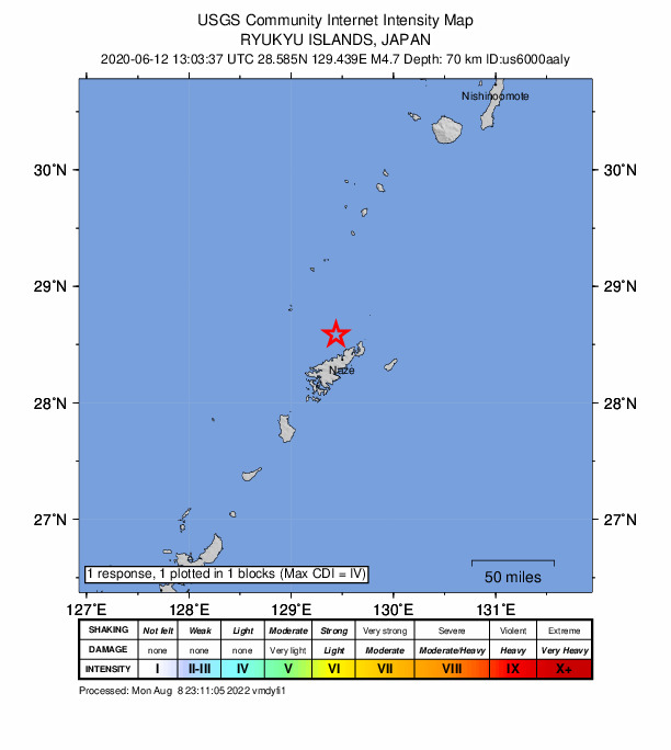 USGS DYFI community-reported intensity map for the M4.7 earthquake near 24 km N of Naze, Japan