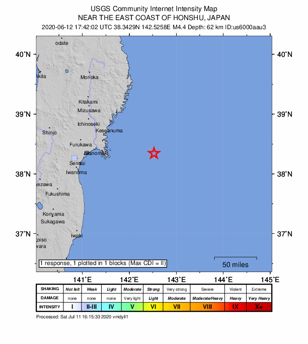 USGS DYFI community-reported intensity map for the M4.4 earthquake near 106 km SE of ?funato, Japan