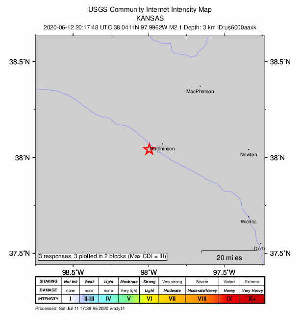 USGS DYFI community-reported intensity map for the M2.2 earthquake near 5 km WNW of South Hutchinson, Kansas