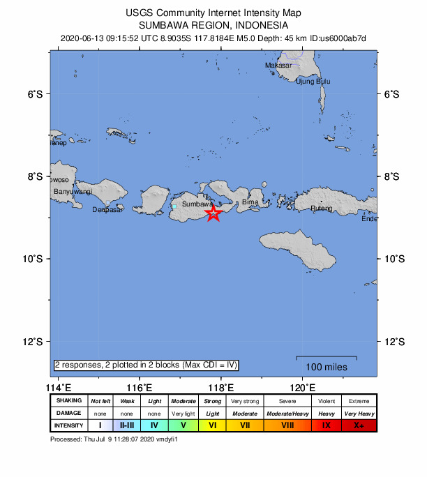 USGS DYFI community-reported intensity map for the M5.1 earthquake near 63 km SE of Sumbawa Besar, Indonesia
