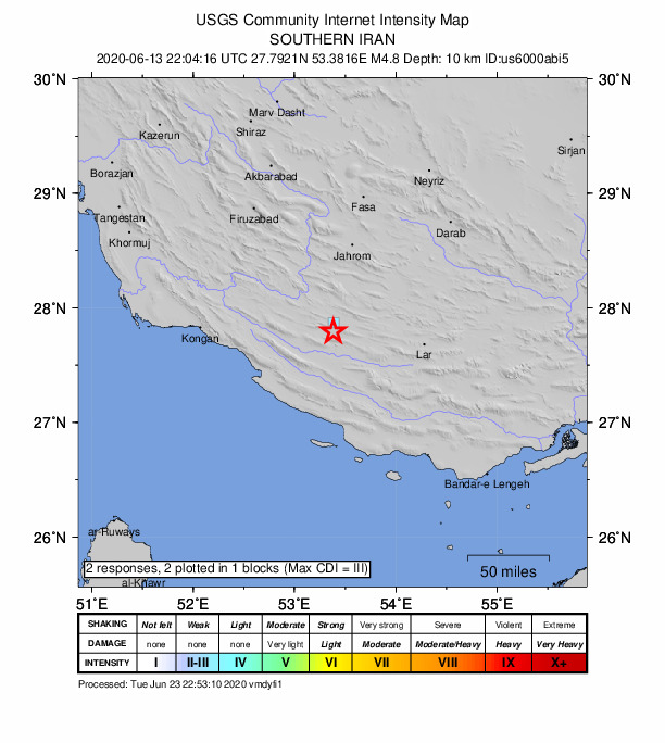 USGS DYFI community-reported intensity map for the M4.8 earthquake near 55 km ENE of Mohr, Iran