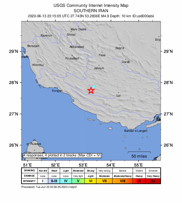 USGS DYFI community-reported intensity map for the M4.9 earthquake near 44 km ENE of Mohr, Iran