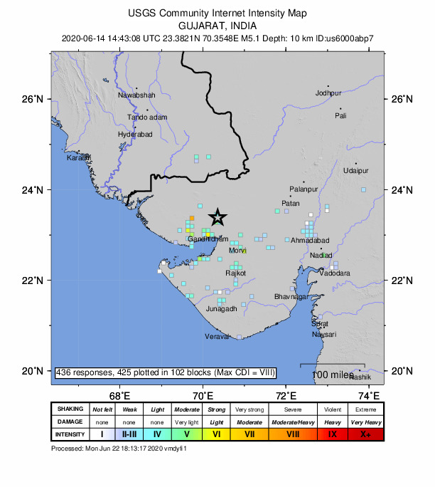 USGS DYFI community-reported intensity map for the M5.1 earthquake near 9 km N of Bhach?u, India