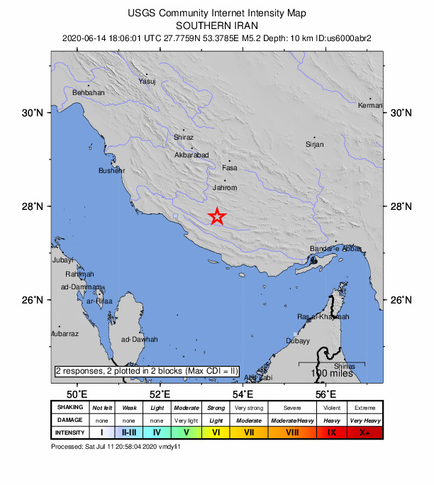 USGS DYFI community-reported intensity map for the M5.2 earthquake near 54 km ENE of Mohr, Iran