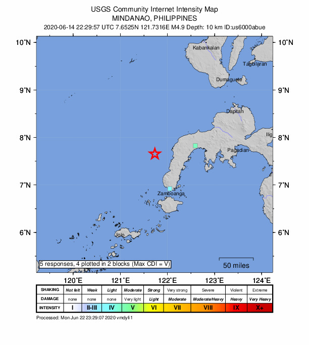 USGS DYFI community-reported intensity map for the M5.1 earthquake near 45 km W of Siocon, Philippines