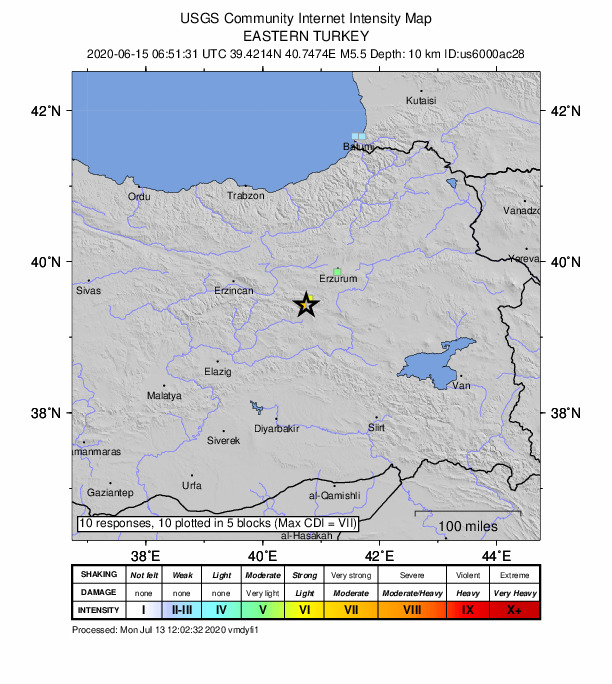 USGS DYFI community-reported intensity map for the M5.5 earthquake near 18 km E of Yedisu, Turkey