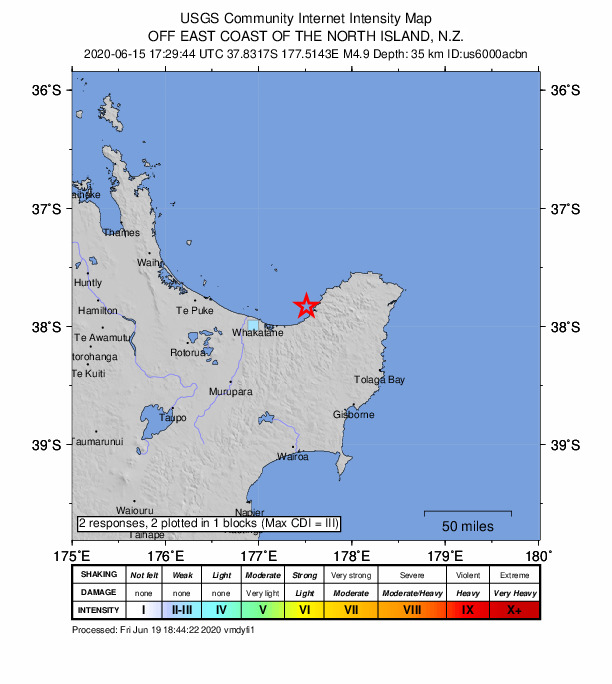 USGS DYFI community-reported intensity map for the M4.9 earthquake near 27 km NNE of Opotiki, New Zealand