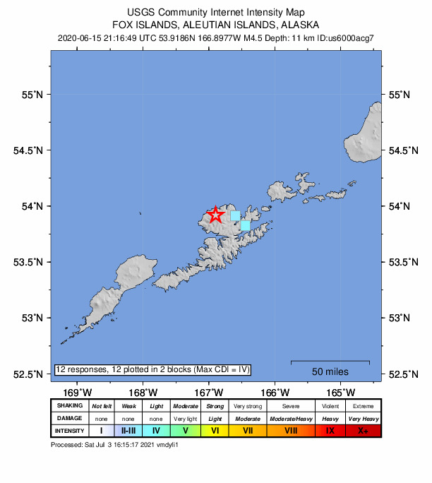USGS DYFI community-reported intensity map for the M4.5 earthquake near 23 km W of Dutch Harbor, Alaska