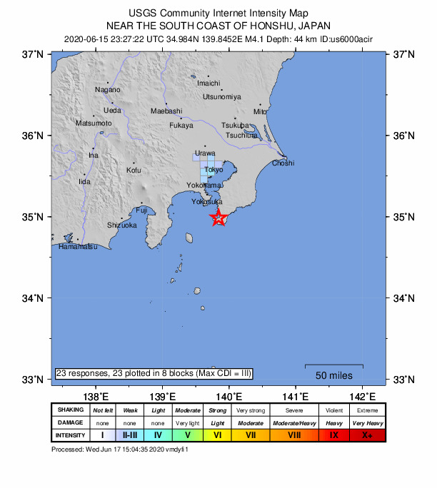 USGS DYFI community-reported intensity map for the M4.1 earthquake near 6 km W of Tateyama, Japan