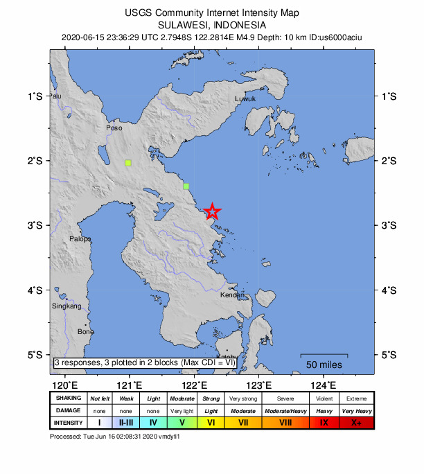 USGS DYFI community-reported intensity map for the M4.9 earthquake near 133 km N of Kendari, Indonesia