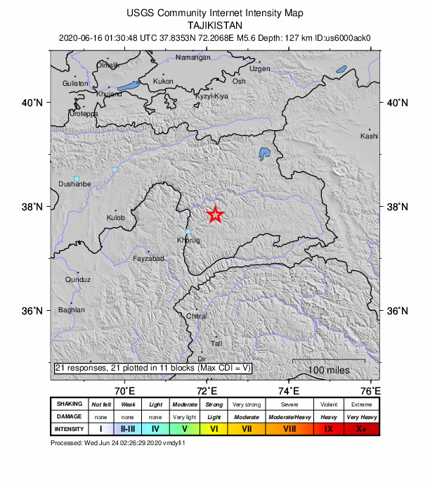 USGS DYFI community-reported intensity map for the M5.6 earthquake near 68 km ENE of Khorugh, Tajikistan