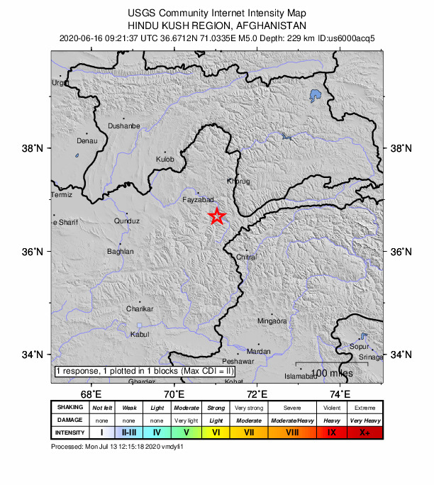 USGS DYFI community-reported intensity map for the M5.0 earthquake near 27 km SE of Jurm, Afghanistan