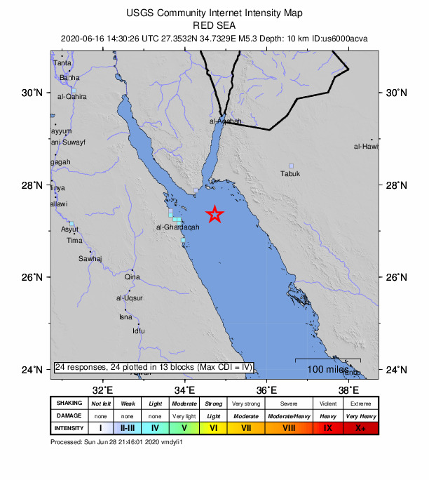 USGS DYFI community-reported intensity map for the M5.5 earthquake near 74 km SSE of Sharm el-Sheikh, Egypt