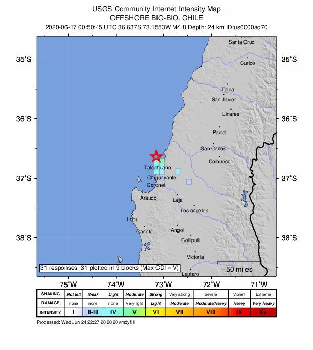 USGS DYFI community-reported intensity map for the M4.8 earthquake near 10 km NNW of Talcahuano, Chile