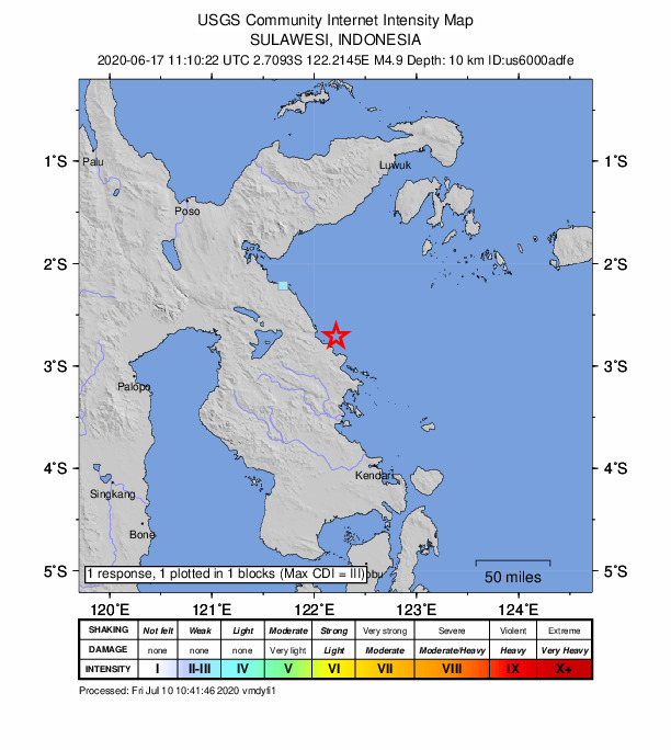 USGS DYFI community-reported intensity map for the M4.9 earthquake near 144 km NNW of Kendari, Indonesia