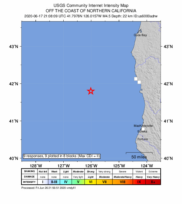 USGS DYFI community-reported intensity map for the M4.5 earthquake near 144 km WSW of Pistol River, Oregon