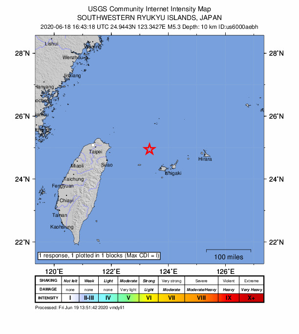 USGS DYFI community-reported intensity map for the M5.3 earthquake near 62 km NNE of Yonakuni, Japan